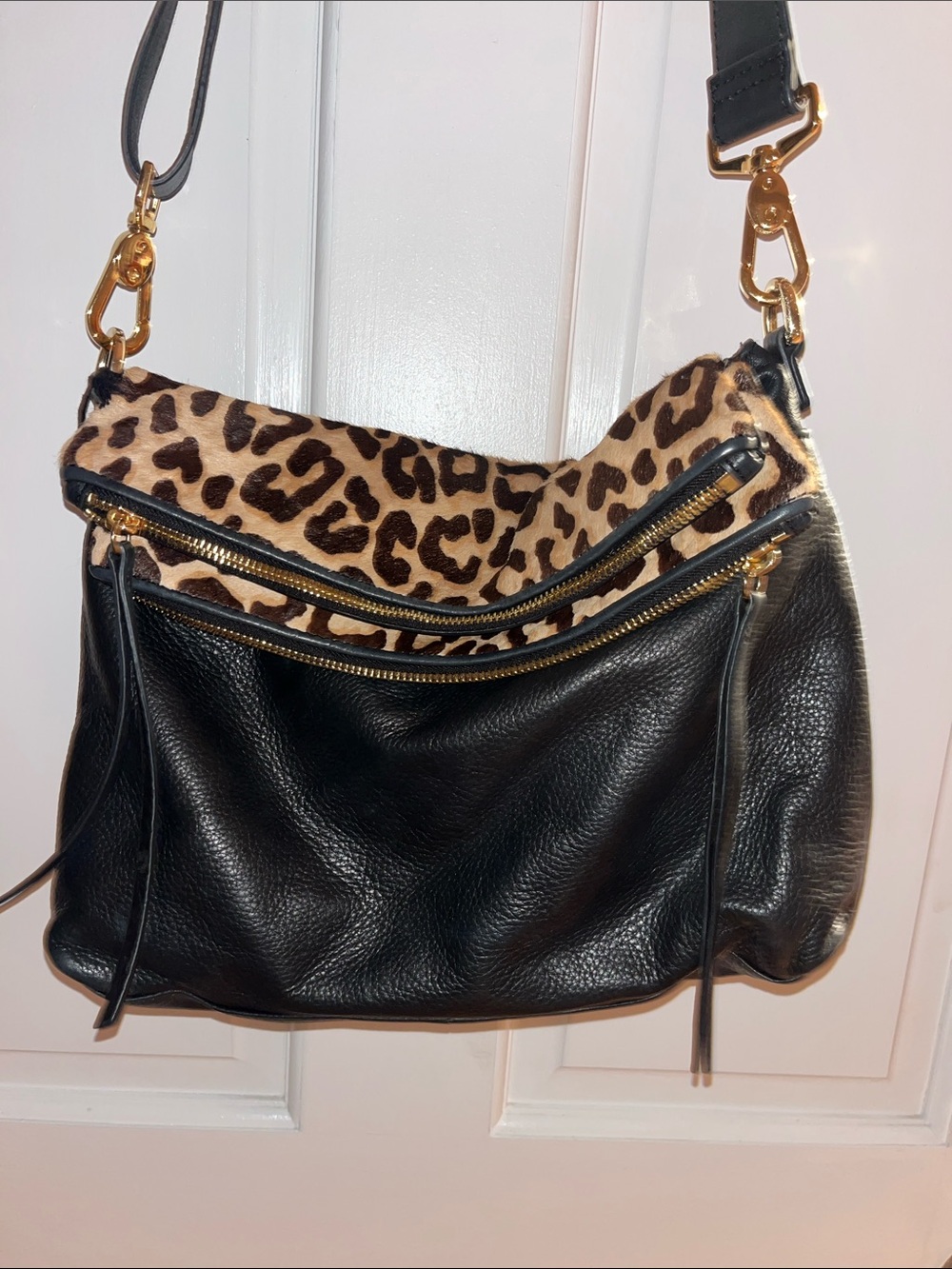 Margot Black Leather Crossbody Bag with Leopard Accent